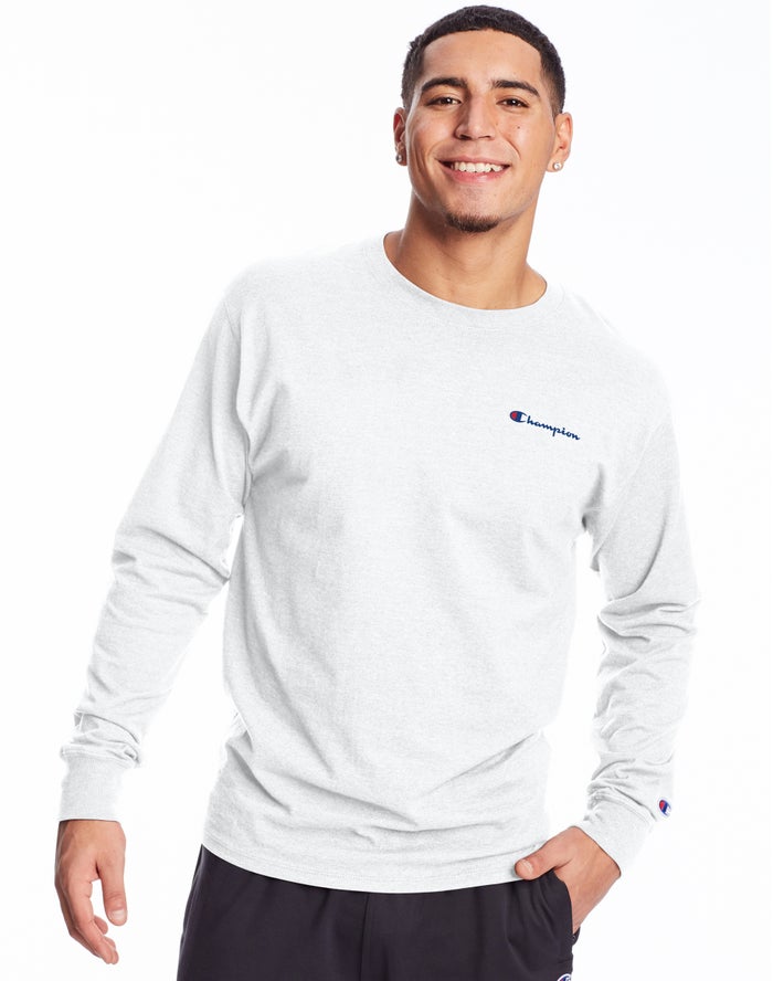 Champion Mens T-Shirt NZ - Classic Jersey Long-Sleeve Script Logo White ( 3268-YLXRE )